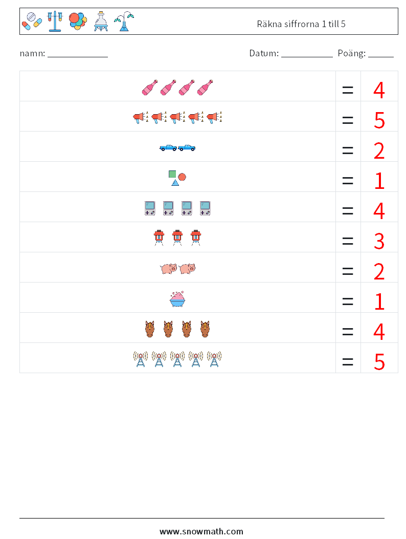 Räkna siffrorna 1 till 5 Matematiska arbetsblad 6 Fråga, svar