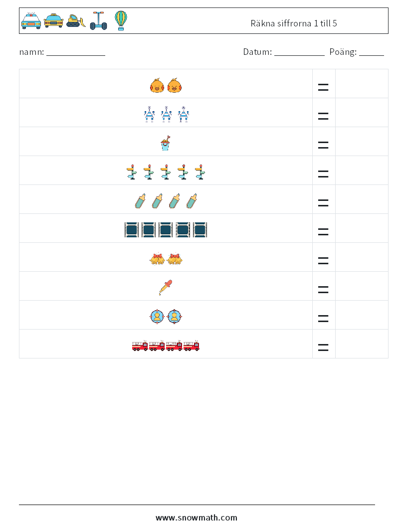 Räkna siffrorna 1 till 5 Matematiska arbetsblad 7