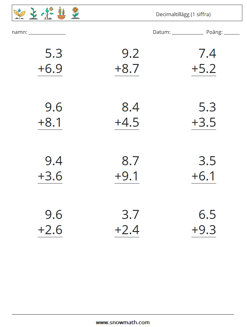 (12) Decimaltillägg (1 siffra) Matematiska arbetsblad 11