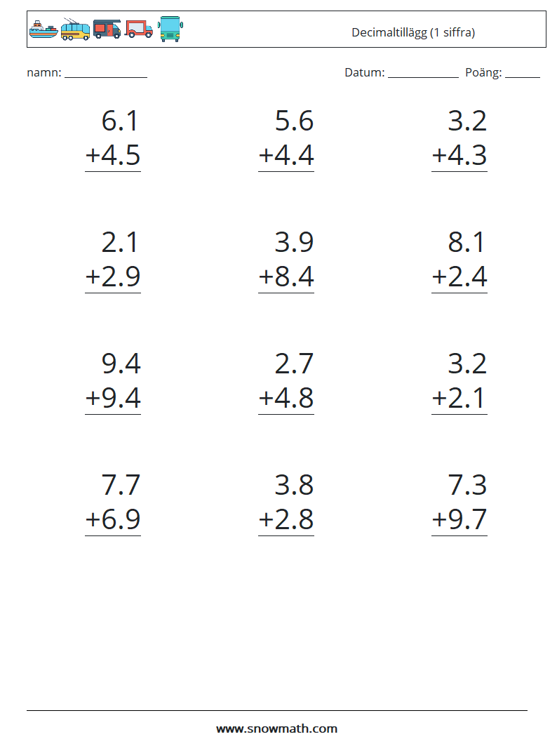 (12) Decimaltillägg (1 siffra) Matematiska arbetsblad 12