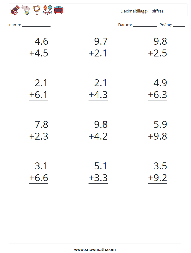(12) Decimaltillägg (1 siffra) Matematiska arbetsblad 13