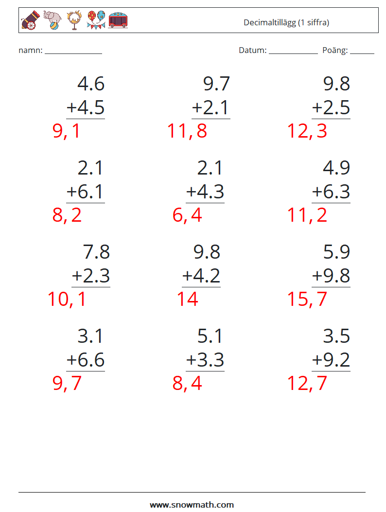 (12) Decimaltillägg (1 siffra) Matematiska arbetsblad 13 Fråga, svar