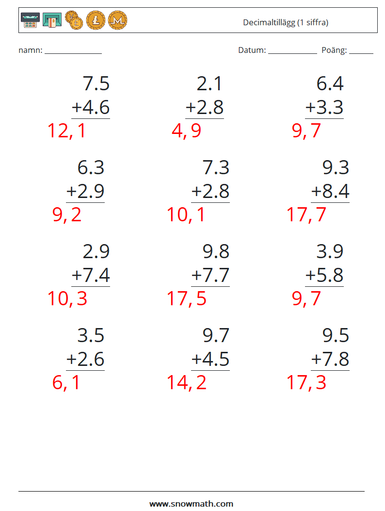 (12) Decimaltillägg (1 siffra) Matematiska arbetsblad 14 Fråga, svar