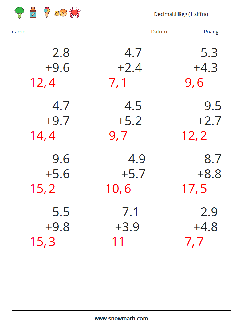 (12) Decimaltillägg (1 siffra) Matematiska arbetsblad 16 Fråga, svar