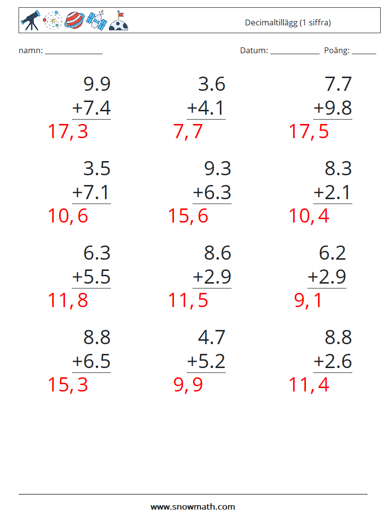 (12) Decimaltillägg (1 siffra) Matematiska arbetsblad 17 Fråga, svar