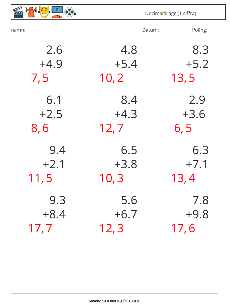 (12) Decimaltillägg (1 siffra) Matematiska arbetsblad 1 Fråga, svar