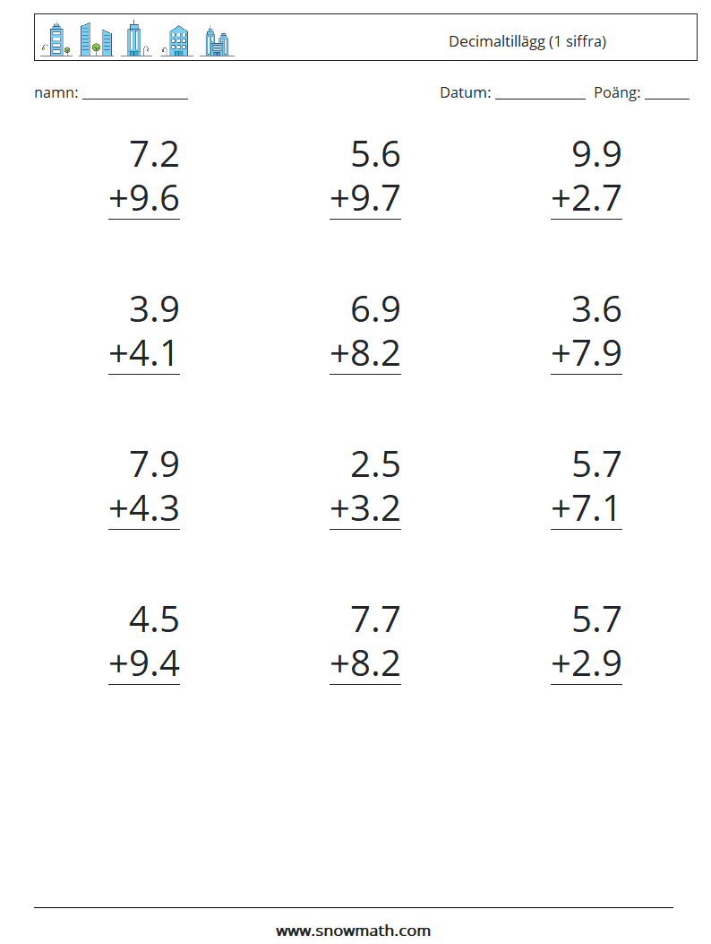 (12) Decimaltillägg (1 siffra) Matematiska arbetsblad 2