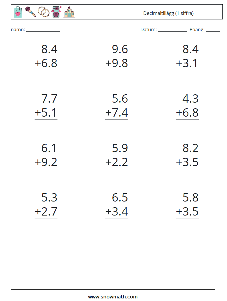 (12) Decimaltillägg (1 siffra) Matematiska arbetsblad 3