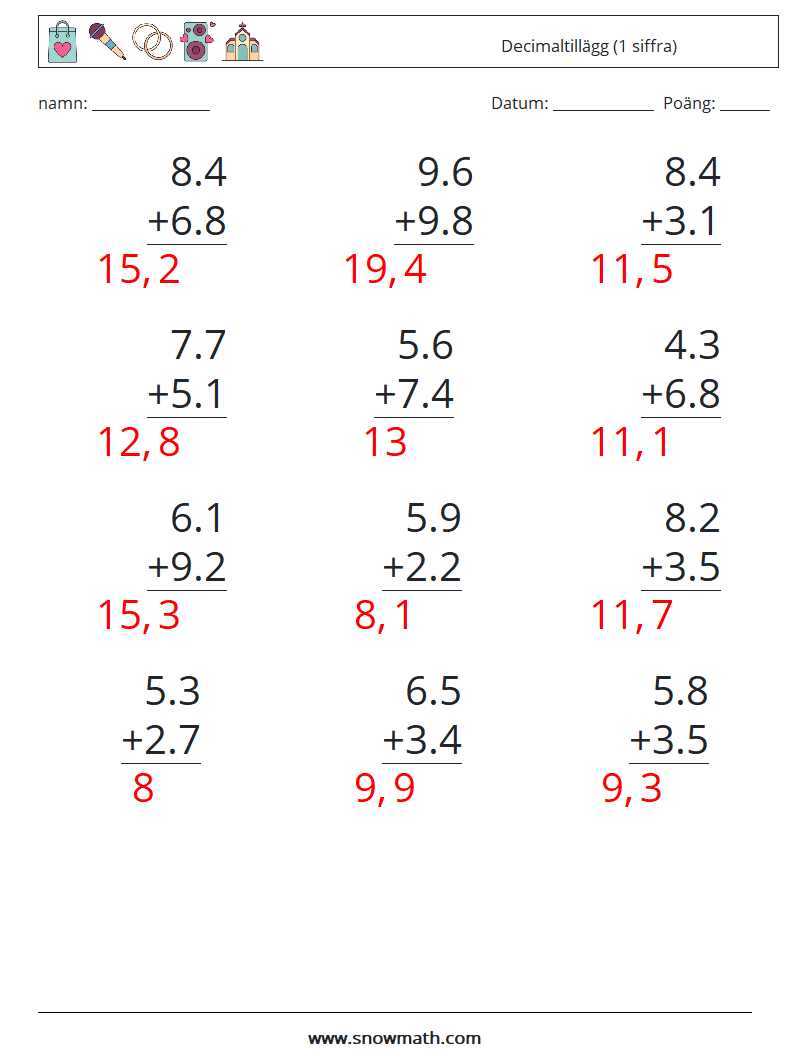 (12) Decimaltillägg (1 siffra) Matematiska arbetsblad 3 Fråga, svar