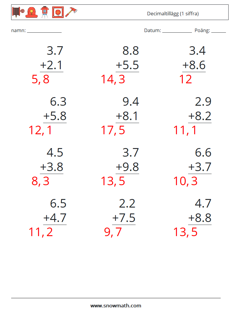 (12) Decimaltillägg (1 siffra) Matematiska arbetsblad 4 Fråga, svar