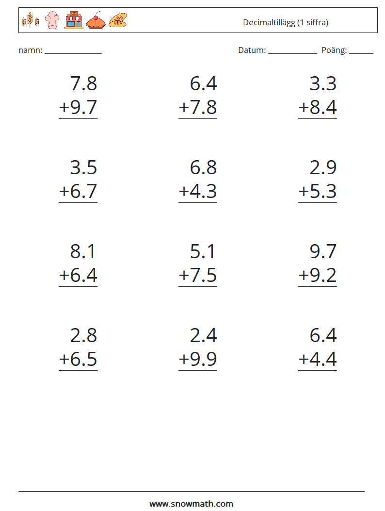 (12) Decimaltillägg (1 siffra) Matematiska arbetsblad 5