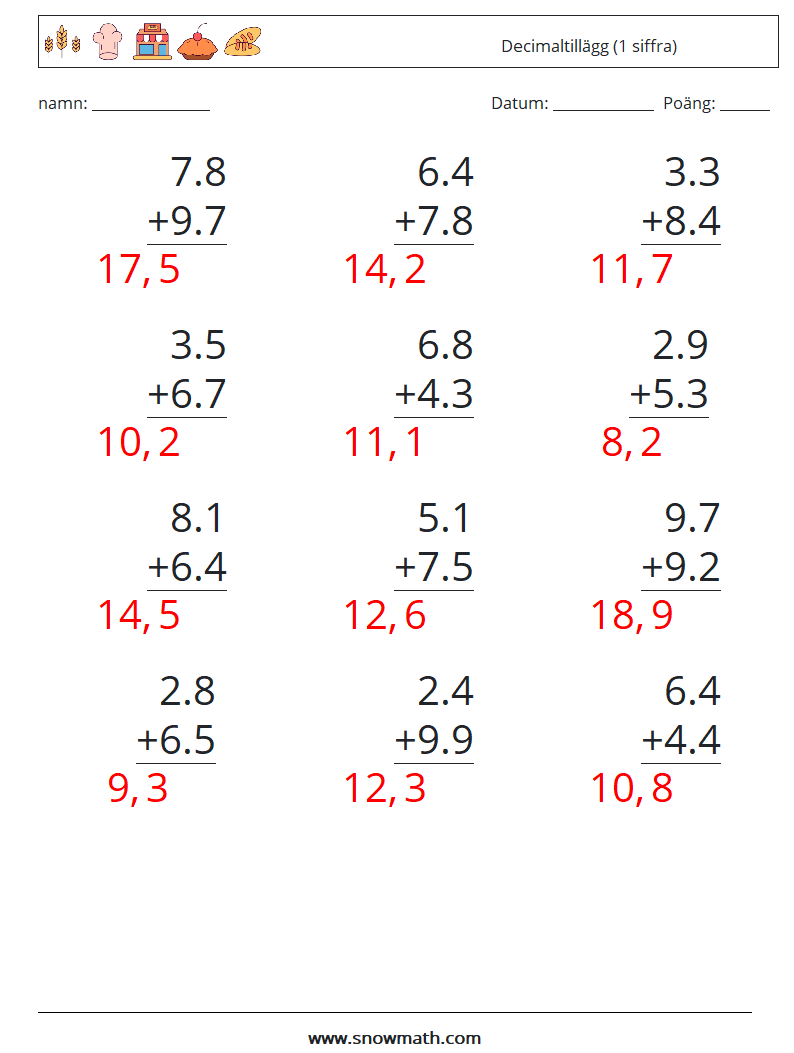 (12) Decimaltillägg (1 siffra) Matematiska arbetsblad 5 Fråga, svar