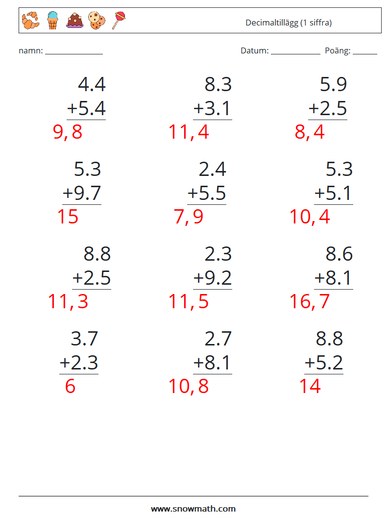 (12) Decimaltillägg (1 siffra) Matematiska arbetsblad 6 Fråga, svar