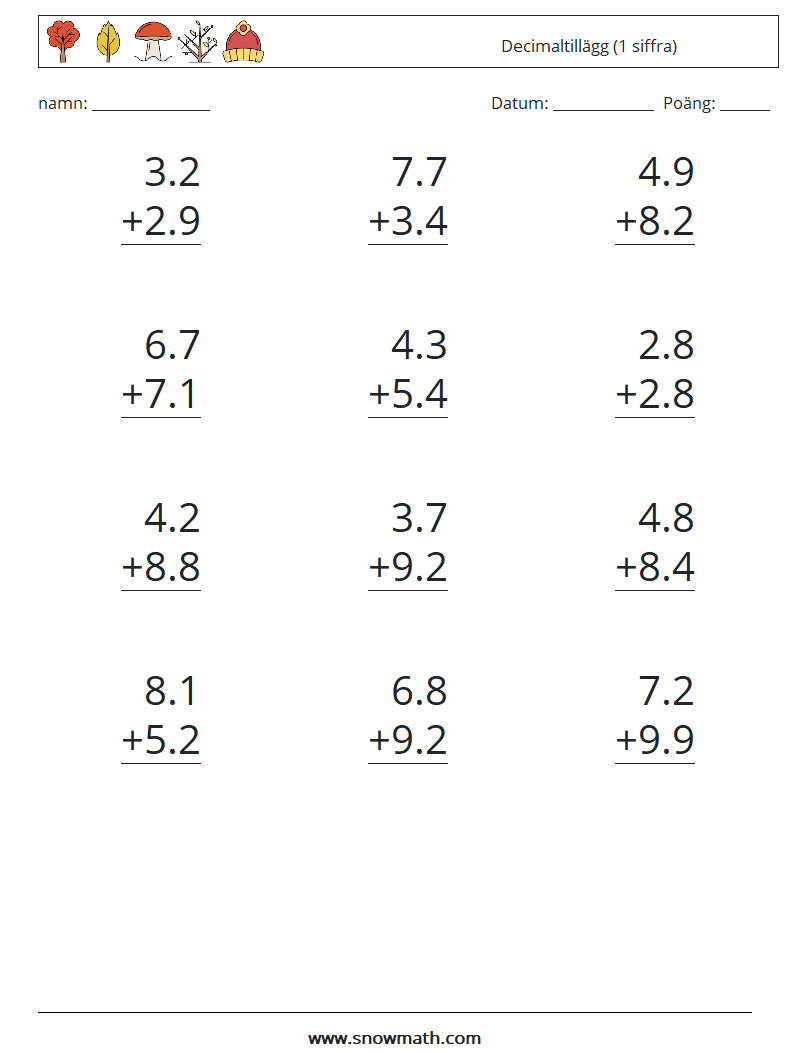 (12) Decimaltillägg (1 siffra) Matematiska arbetsblad 7