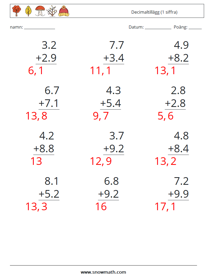 (12) Decimaltillägg (1 siffra) Matematiska arbetsblad 7 Fråga, svar