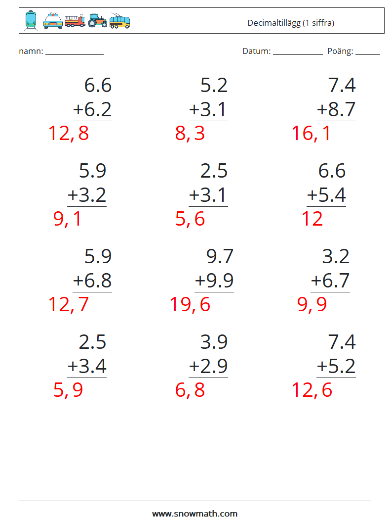 (12) Decimaltillägg (1 siffra) Matematiska arbetsblad 8 Fråga, svar