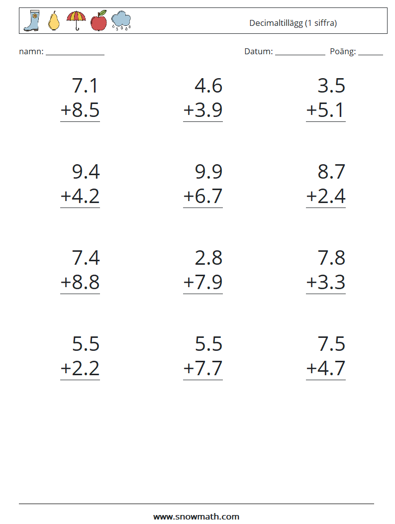 (12) Decimaltillägg (1 siffra) Matematiska arbetsblad 9