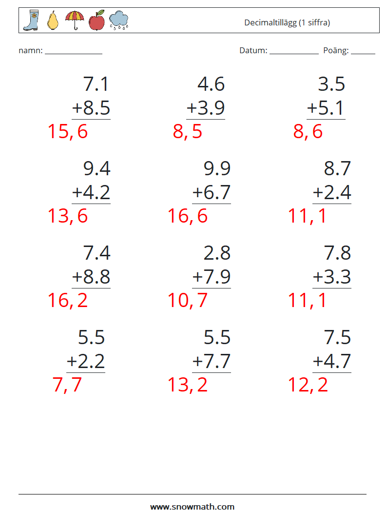 (12) Decimaltillägg (1 siffra) Matematiska arbetsblad 9 Fråga, svar