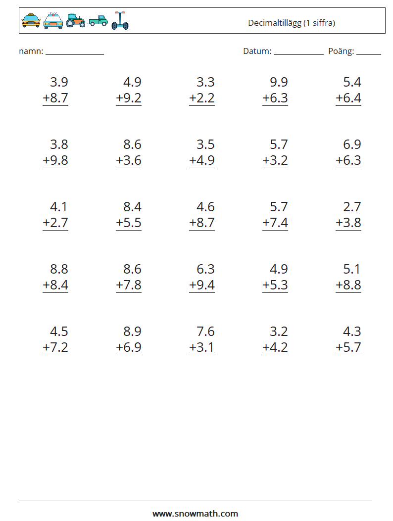 (25) Decimaltillägg (1 siffra) Matematiska arbetsblad 1