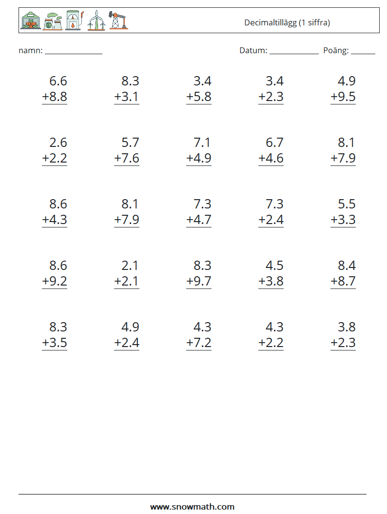 (25) Decimaltillägg (1 siffra) Matematiska arbetsblad 10