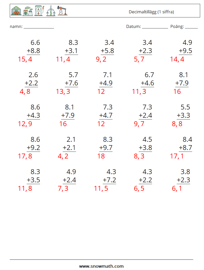 (25) Decimaltillägg (1 siffra) Matematiska arbetsblad 10 Fråga, svar