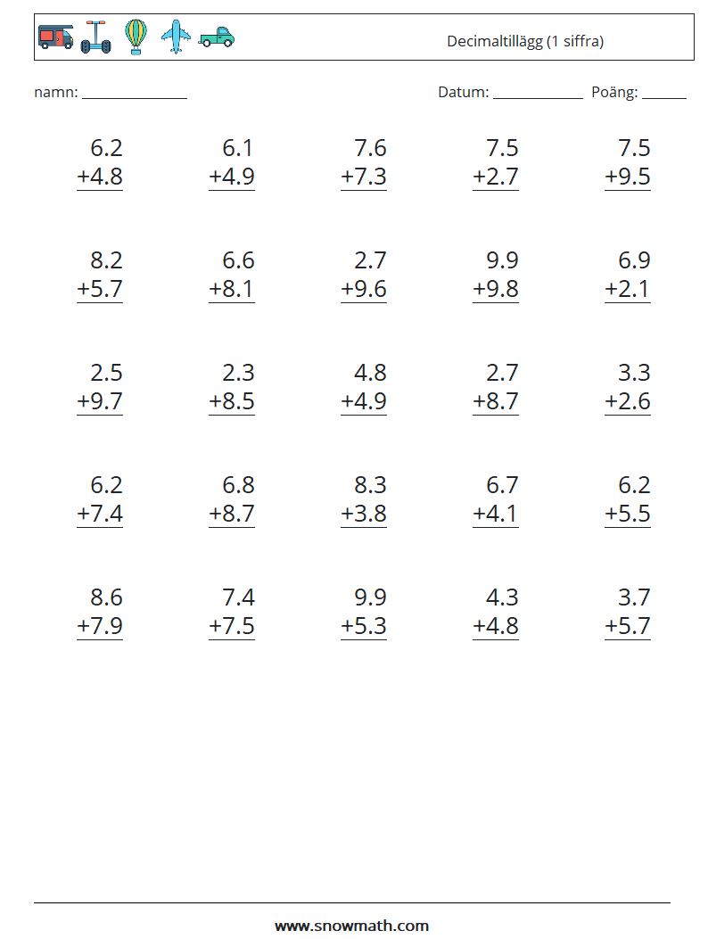 (25) Decimaltillägg (1 siffra) Matematiska arbetsblad 11