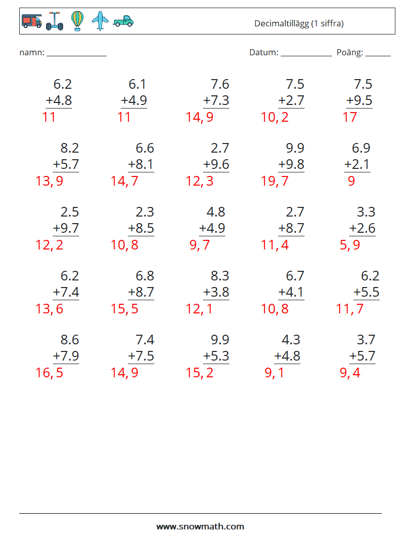 (25) Decimaltillägg (1 siffra) Matematiska arbetsblad 11 Fråga, svar