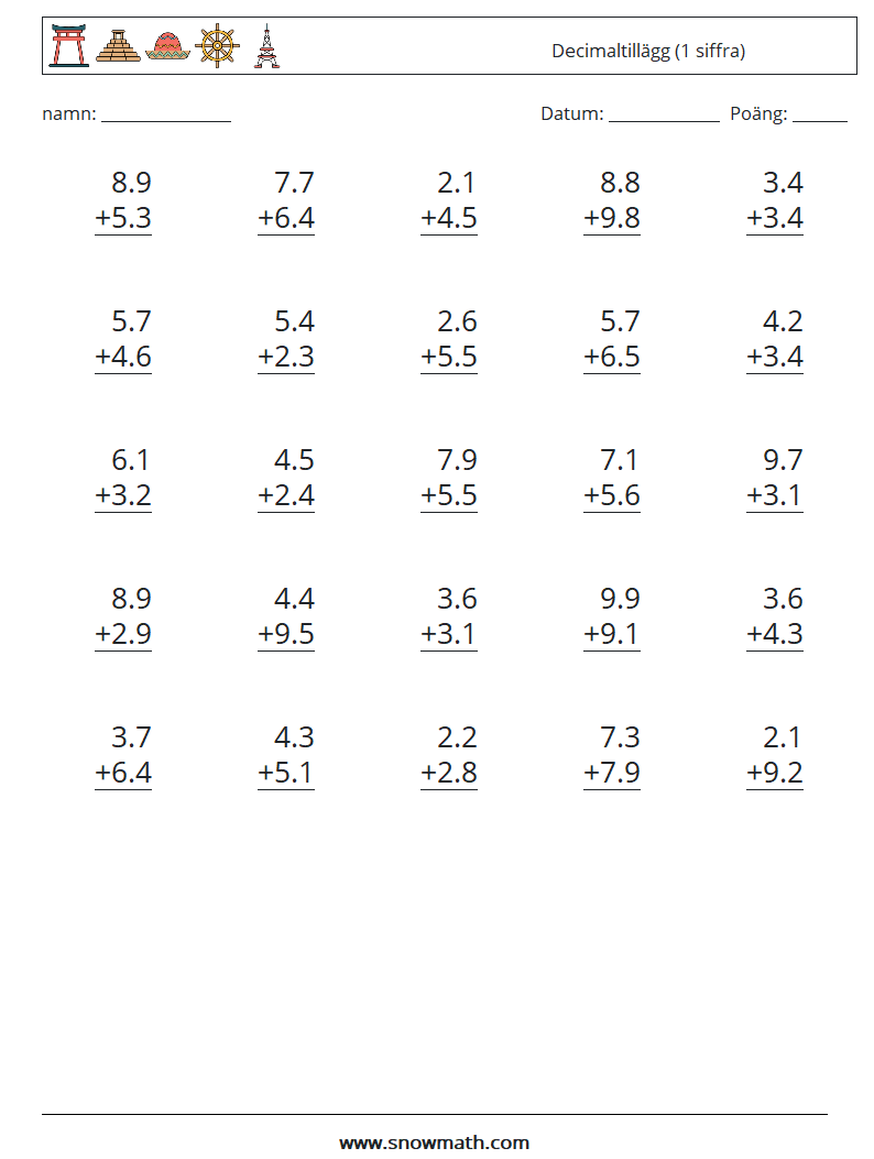 (25) Decimaltillägg (1 siffra) Matematiska arbetsblad 13