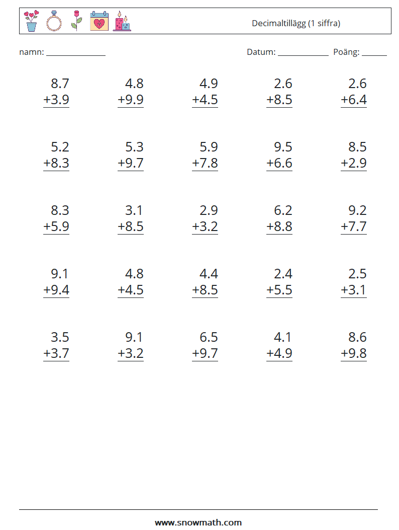 (25) Decimaltillägg (1 siffra) Matematiska arbetsblad 15