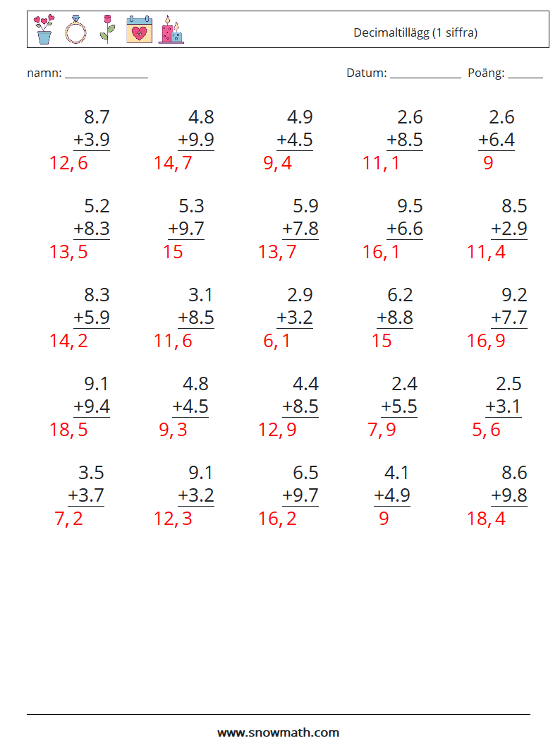 (25) Decimaltillägg (1 siffra) Matematiska arbetsblad 15 Fråga, svar