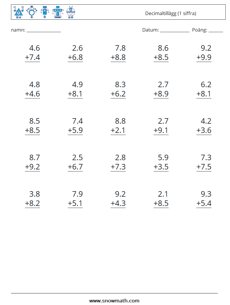 (25) Decimaltillägg (1 siffra) Matematiska arbetsblad 16