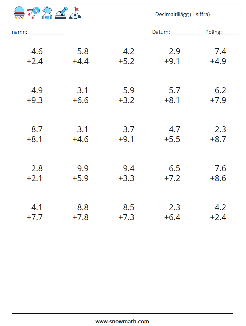 (25) Decimaltillägg (1 siffra) Matematiska arbetsblad 17