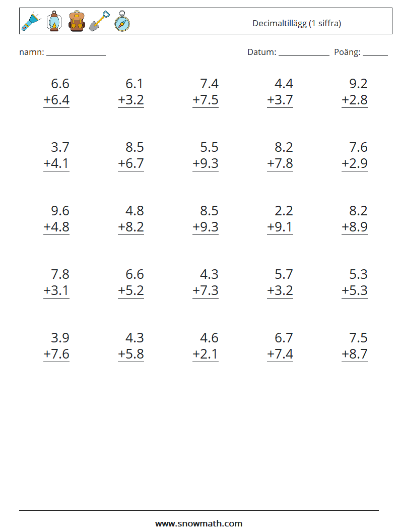 (25) Decimaltillägg (1 siffra) Matematiska arbetsblad 18