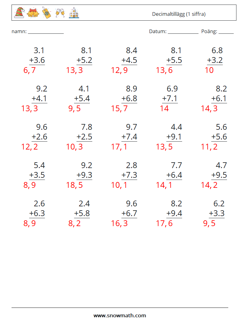 (25) Decimaltillägg (1 siffra) Matematiska arbetsblad 2 Fråga, svar