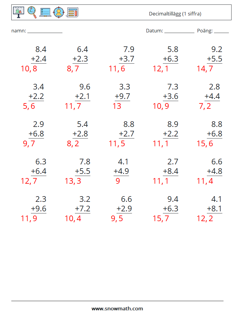 (25) Decimaltillägg (1 siffra) Matematiska arbetsblad 3 Fråga, svar