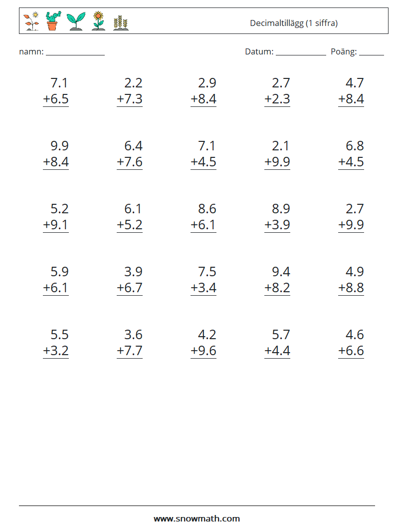 (25) Decimaltillägg (1 siffra) Matematiska arbetsblad 4