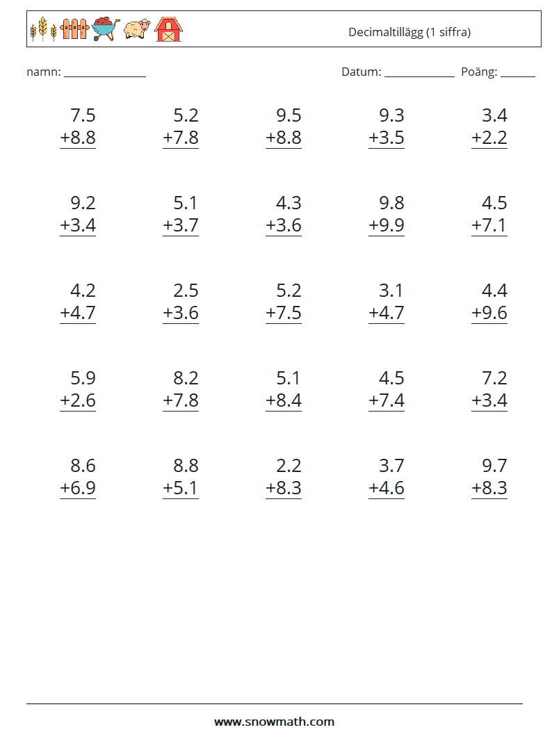 (25) Decimaltillägg (1 siffra) Matematiska arbetsblad 5