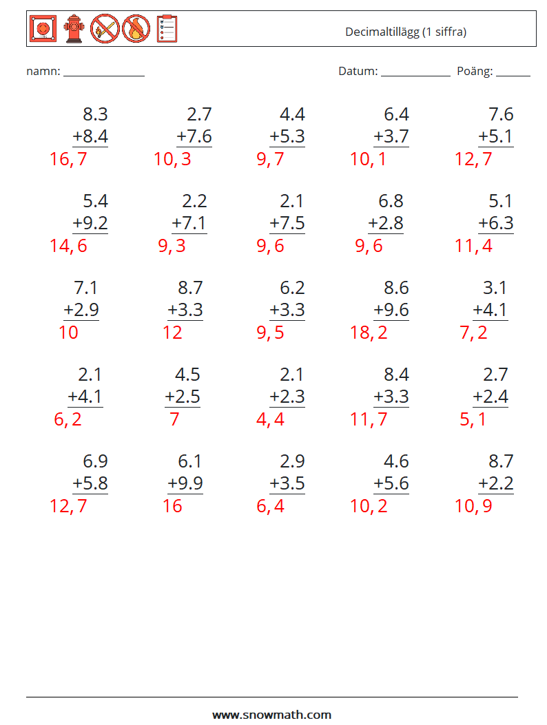 (25) Decimaltillägg (1 siffra) Matematiska arbetsblad 6 Fråga, svar