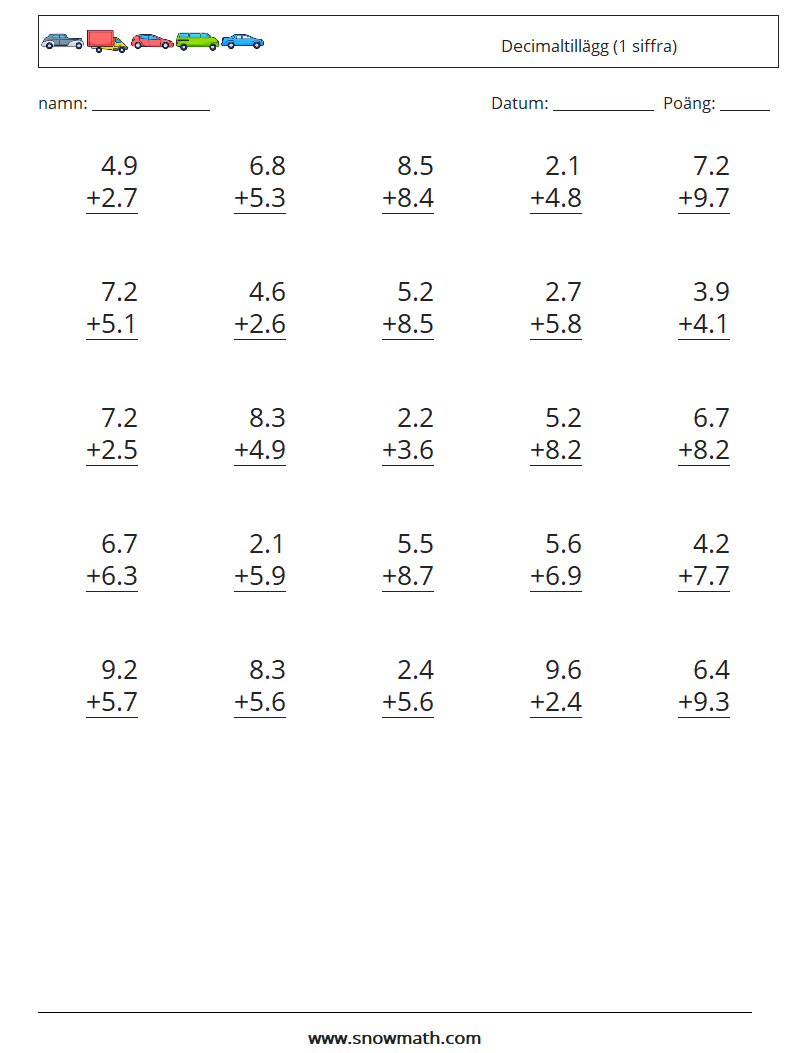 (25) Decimaltillägg (1 siffra) Matematiska arbetsblad 7