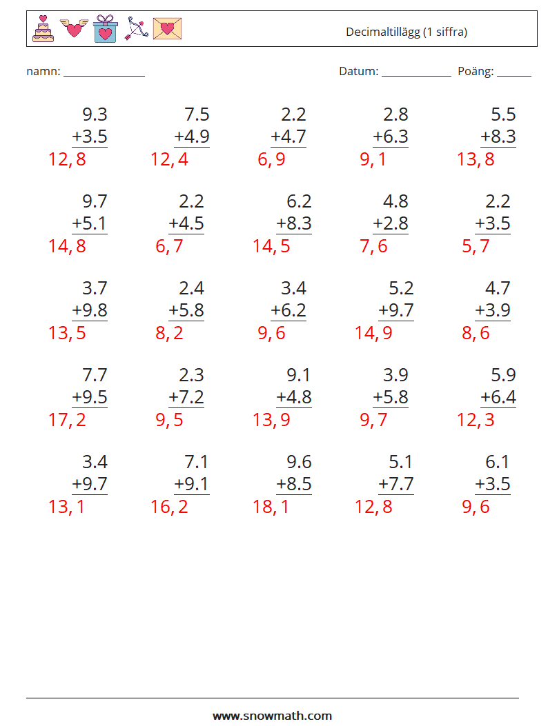 (25) Decimaltillägg (1 siffra) Matematiska arbetsblad 9 Fråga, svar