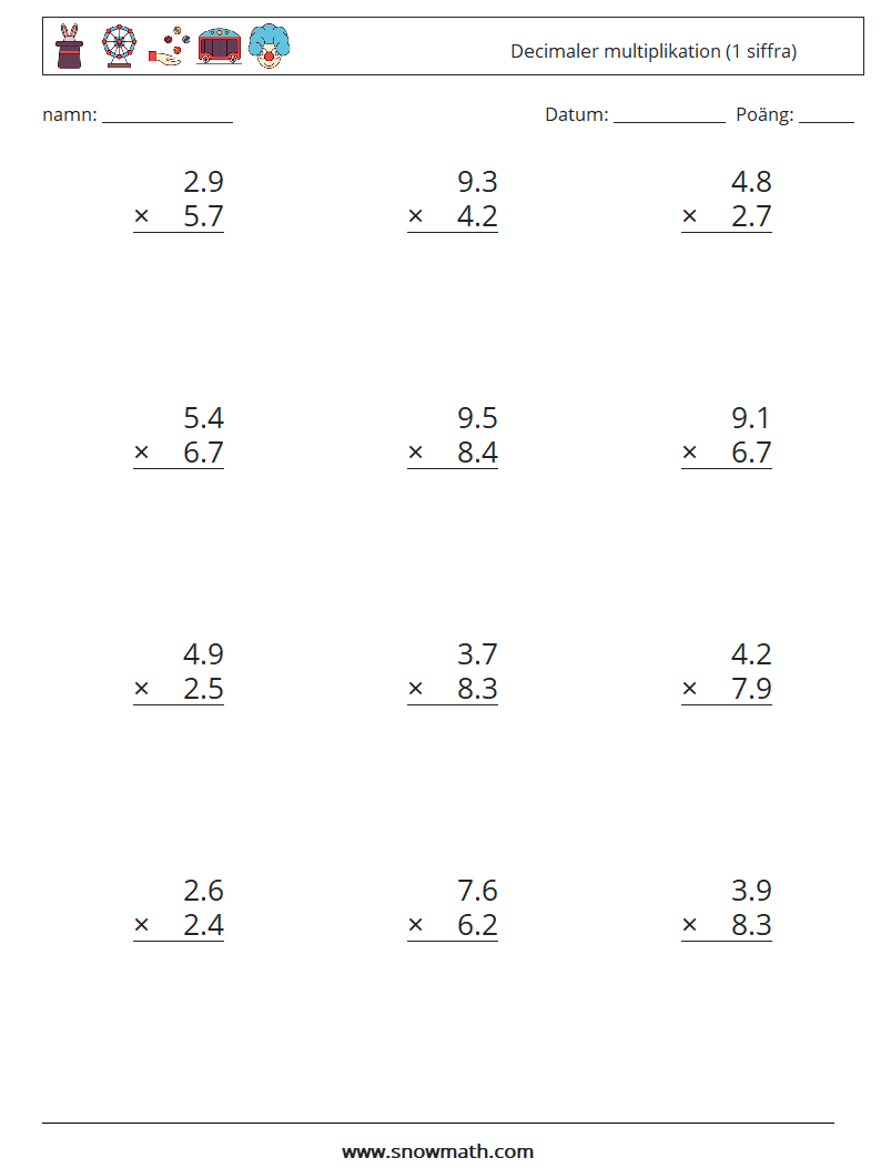 (12) Decimaler multiplikation (1 siffra) Matematiska arbetsblad 1