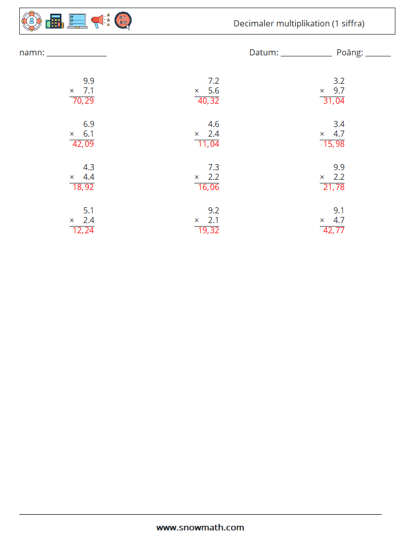 (12) Decimaler multiplikation (1 siffra) Matematiska arbetsblad 7 Fråga, svar