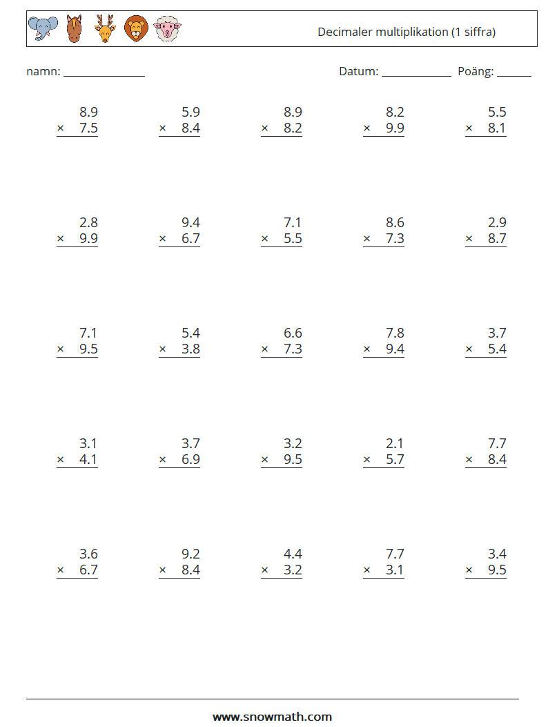 (25) Decimaler multiplikation (1 siffra) Matematiska arbetsblad 10