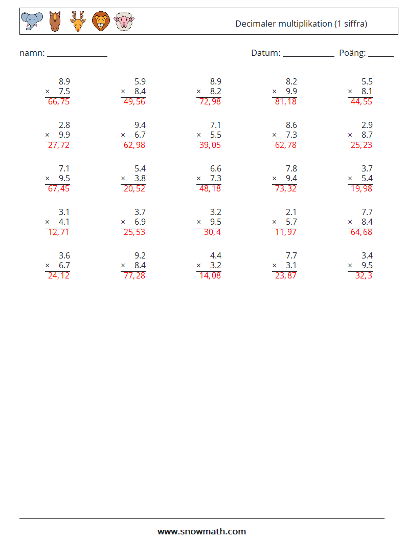 (25) Decimaler multiplikation (1 siffra) Matematiska arbetsblad 10 Fråga, svar