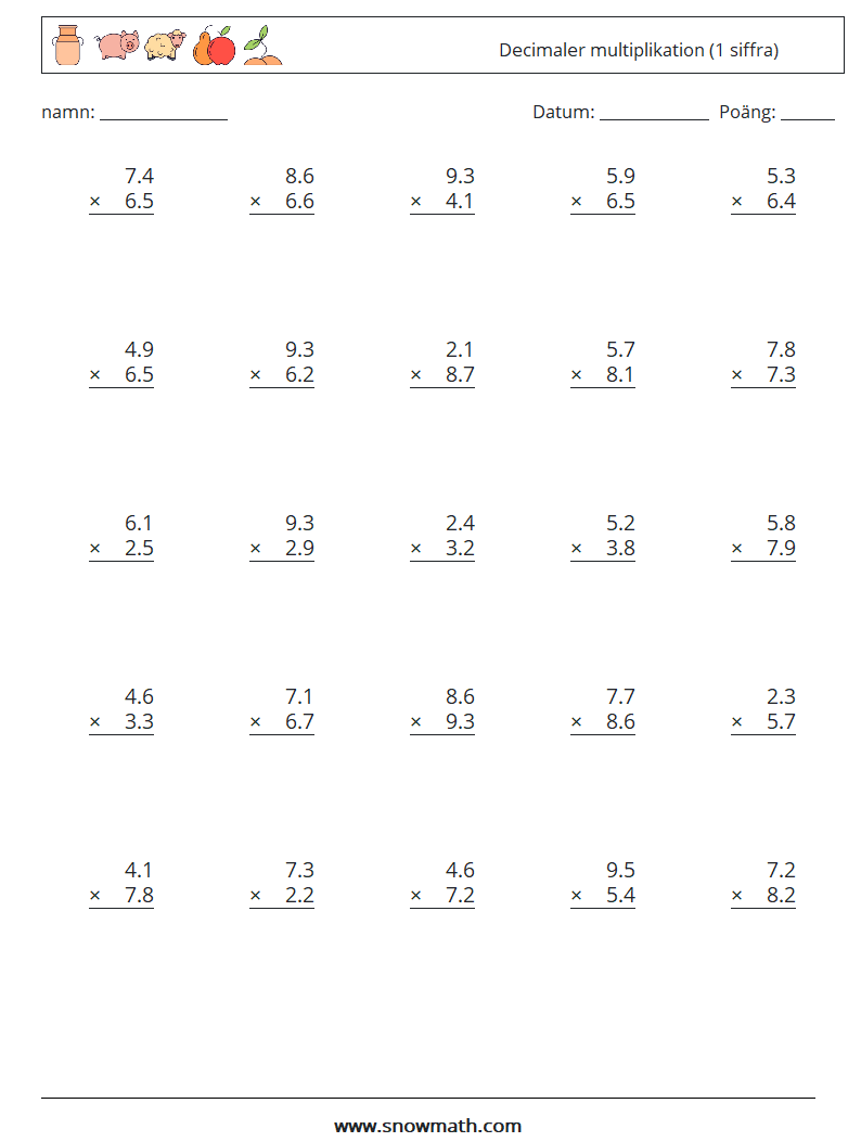 (25) Decimaler multiplikation (1 siffra) Matematiska arbetsblad 11