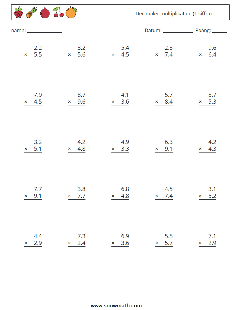 (25) Decimaler multiplikation (1 siffra) Matematiska arbetsblad 13