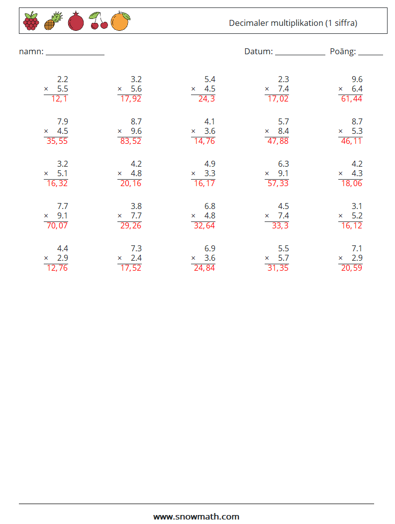 (25) Decimaler multiplikation (1 siffra) Matematiska arbetsblad 13 Fråga, svar