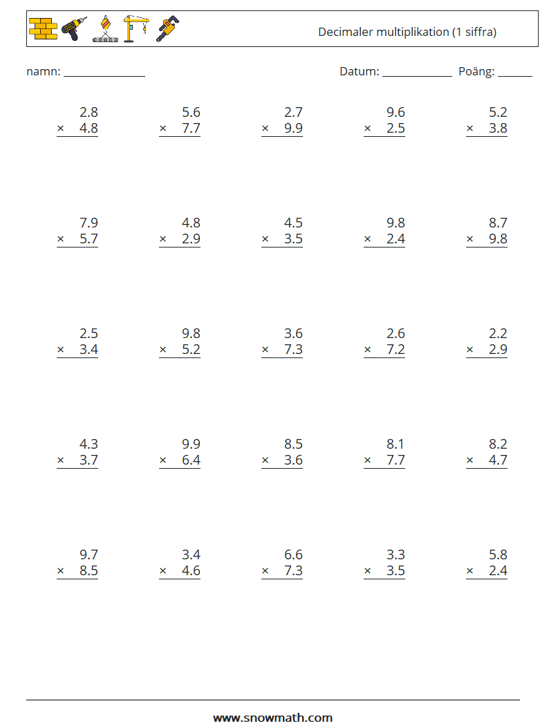 (25) Decimaler multiplikation (1 siffra) Matematiska arbetsblad 14