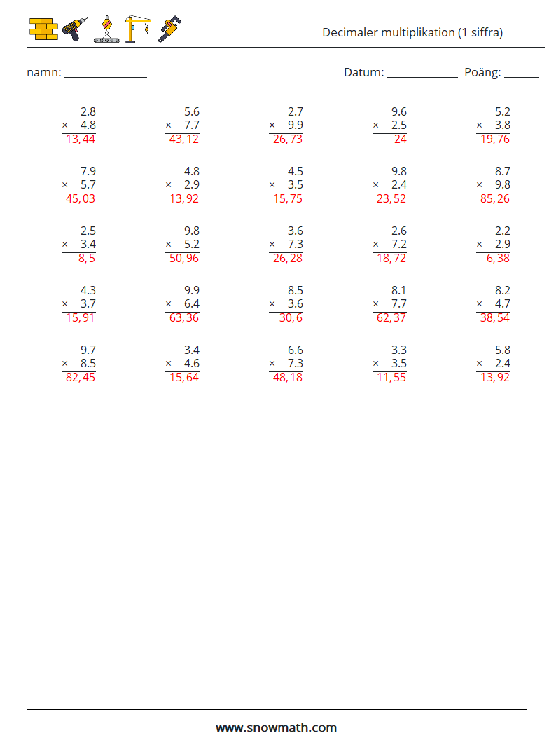 (25) Decimaler multiplikation (1 siffra) Matematiska arbetsblad 14 Fråga, svar