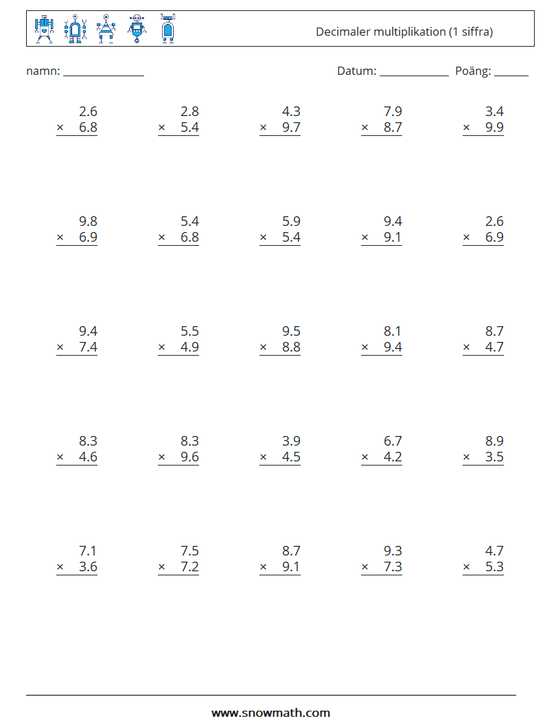 (25) Decimaler multiplikation (1 siffra) Matematiska arbetsblad 15